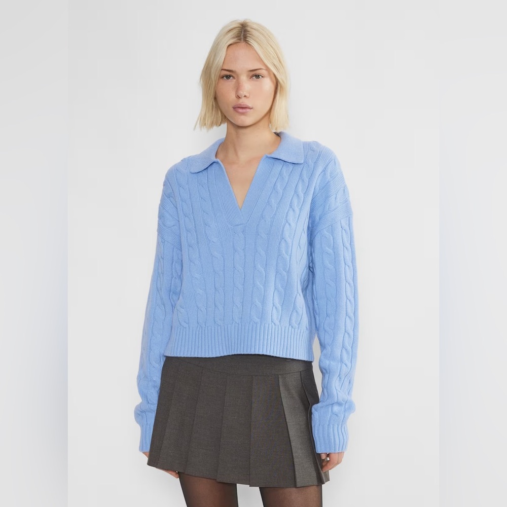 Aritzia Sunday Best Lottie Blue Merino Wool Relaxed Polo Cotagecore Sweater SzS